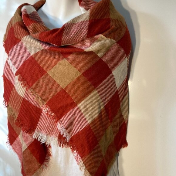 Scarf or Wrap Oversized Red & Camel color block plaid large soft comfy war - Picture 4 of 5